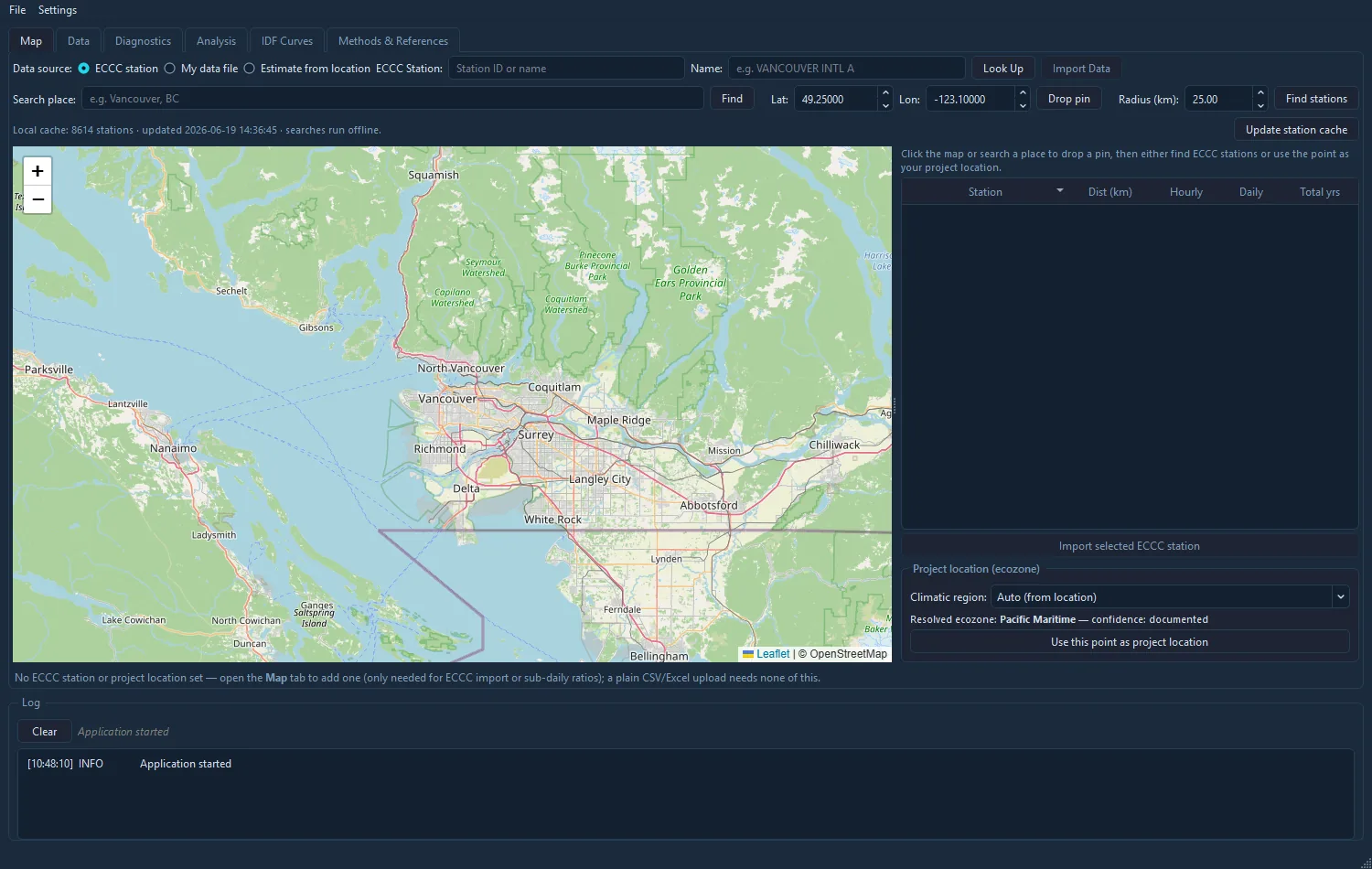 Cascade Hydro Map tab: importing an ECCC station and setting a project location and ecozone.
