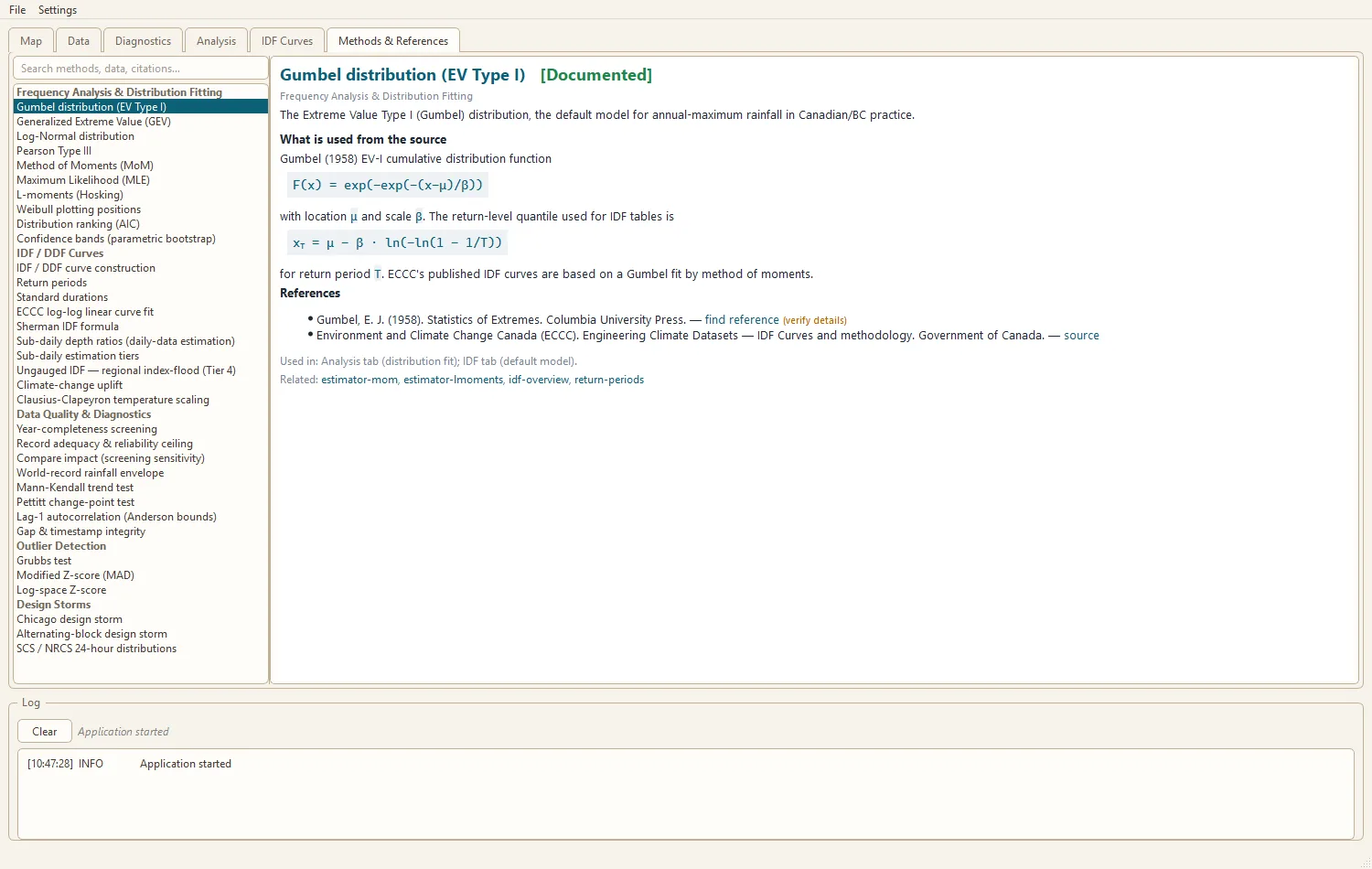 Cascade Hydro Methods and References tab in light theme.