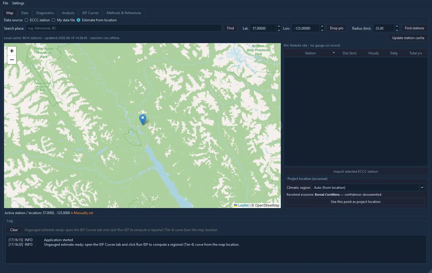 Cascade Hydro Map tab in Estimate-from-location mode: a pin dropped at a remote site with no gauge on record.