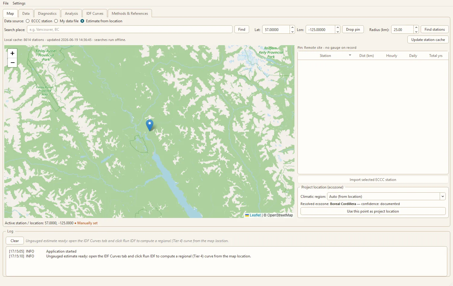 Cascade Hydro ungauged estimate-from-location mode in light theme.
